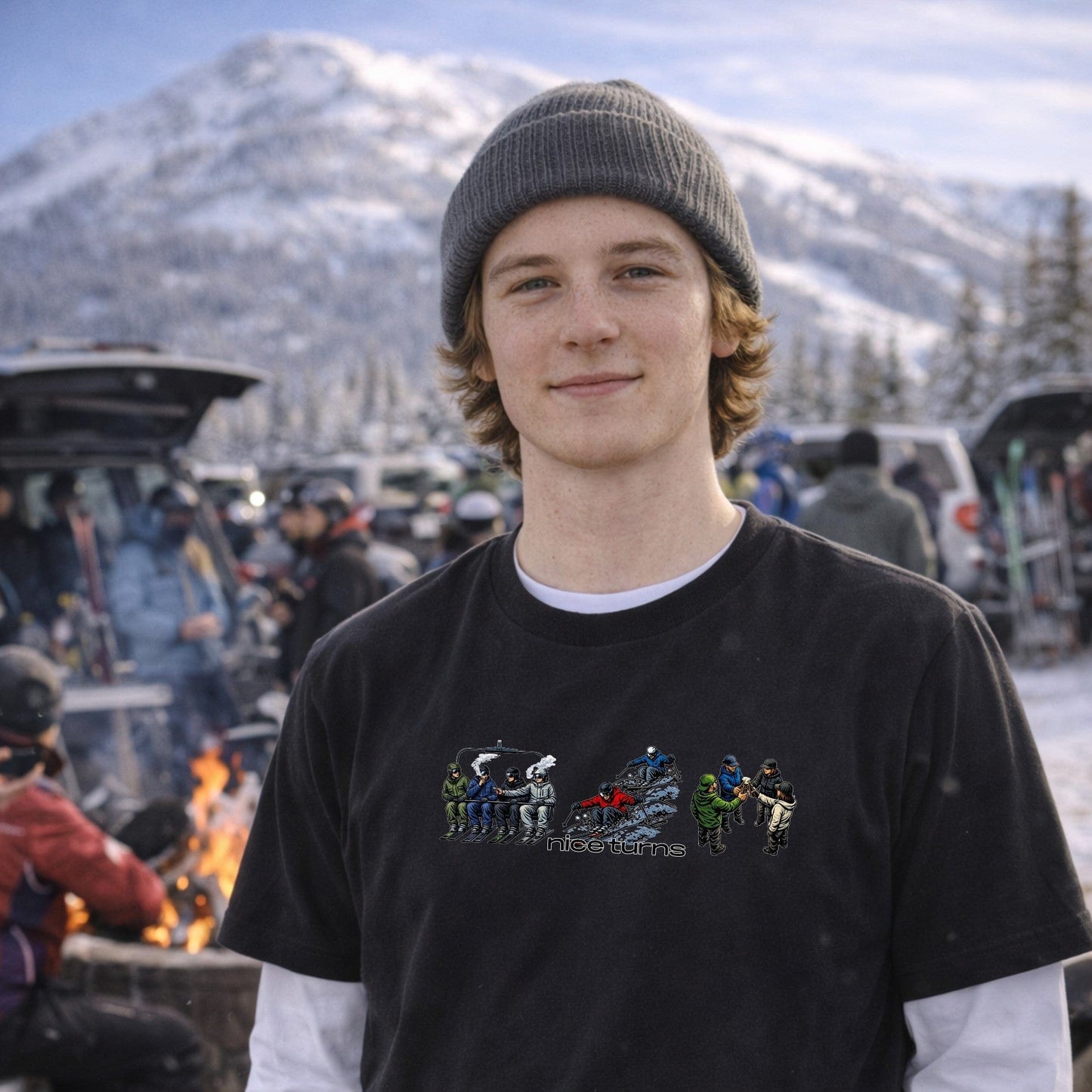 buds bumps beers t-shirt black front graphic skier at parking lot apres scene