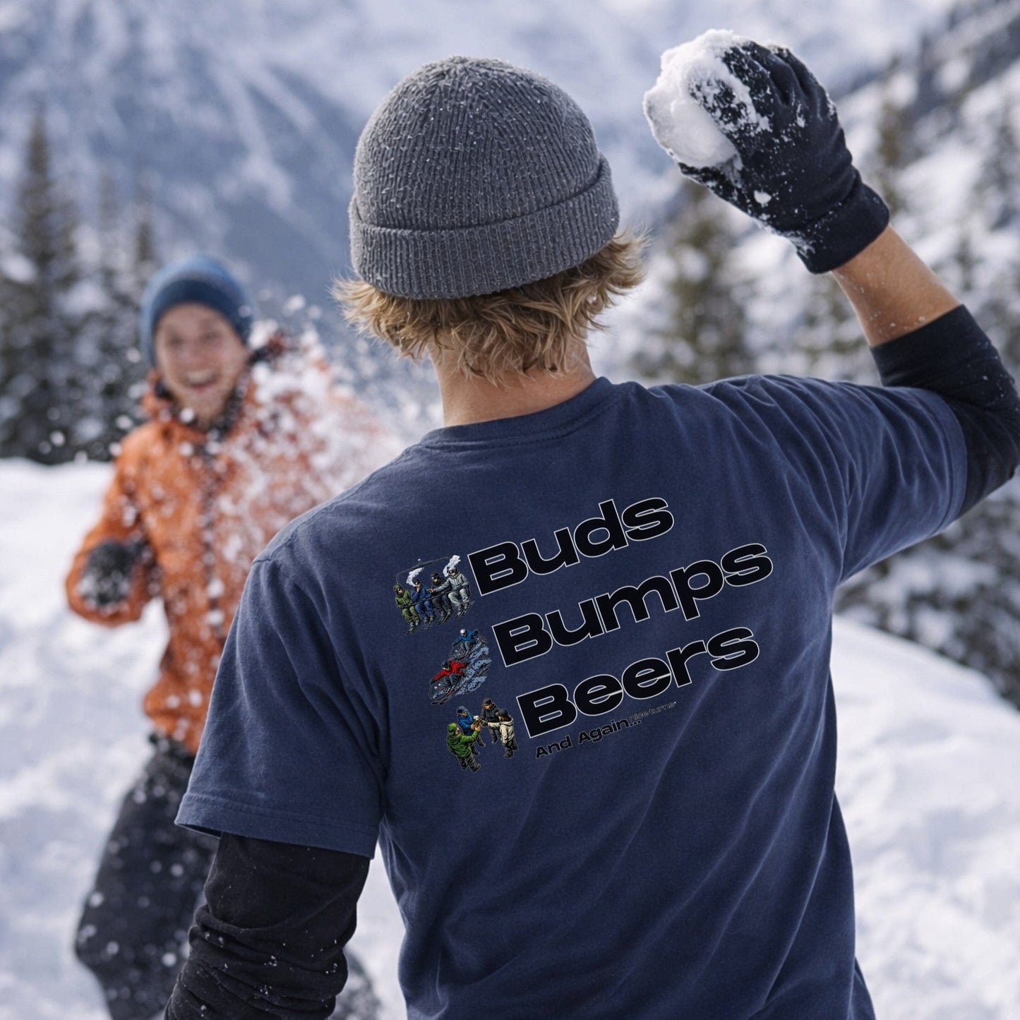 buds bumps beers t-shirt indigo back graphic skier throwing snowball mountain
