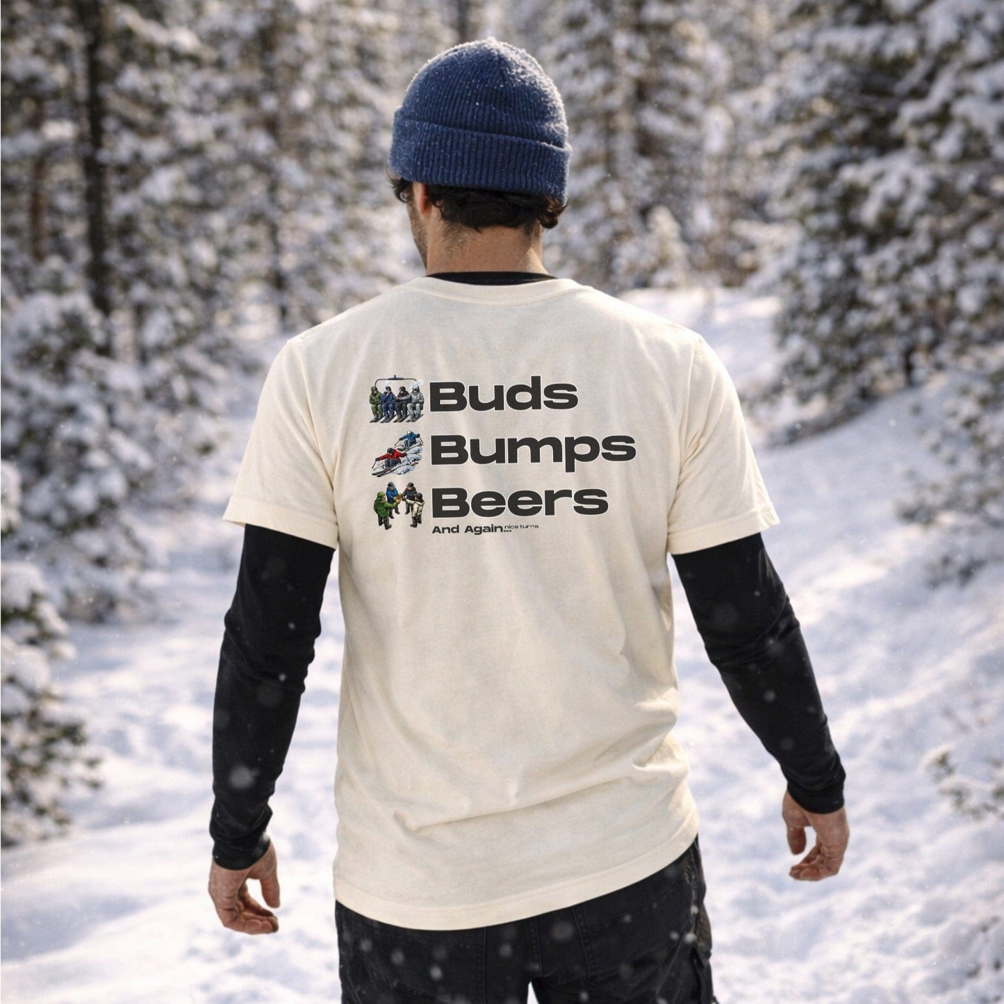 buds bumps beers t-shirt natural back graphic skier walking through snowy trees