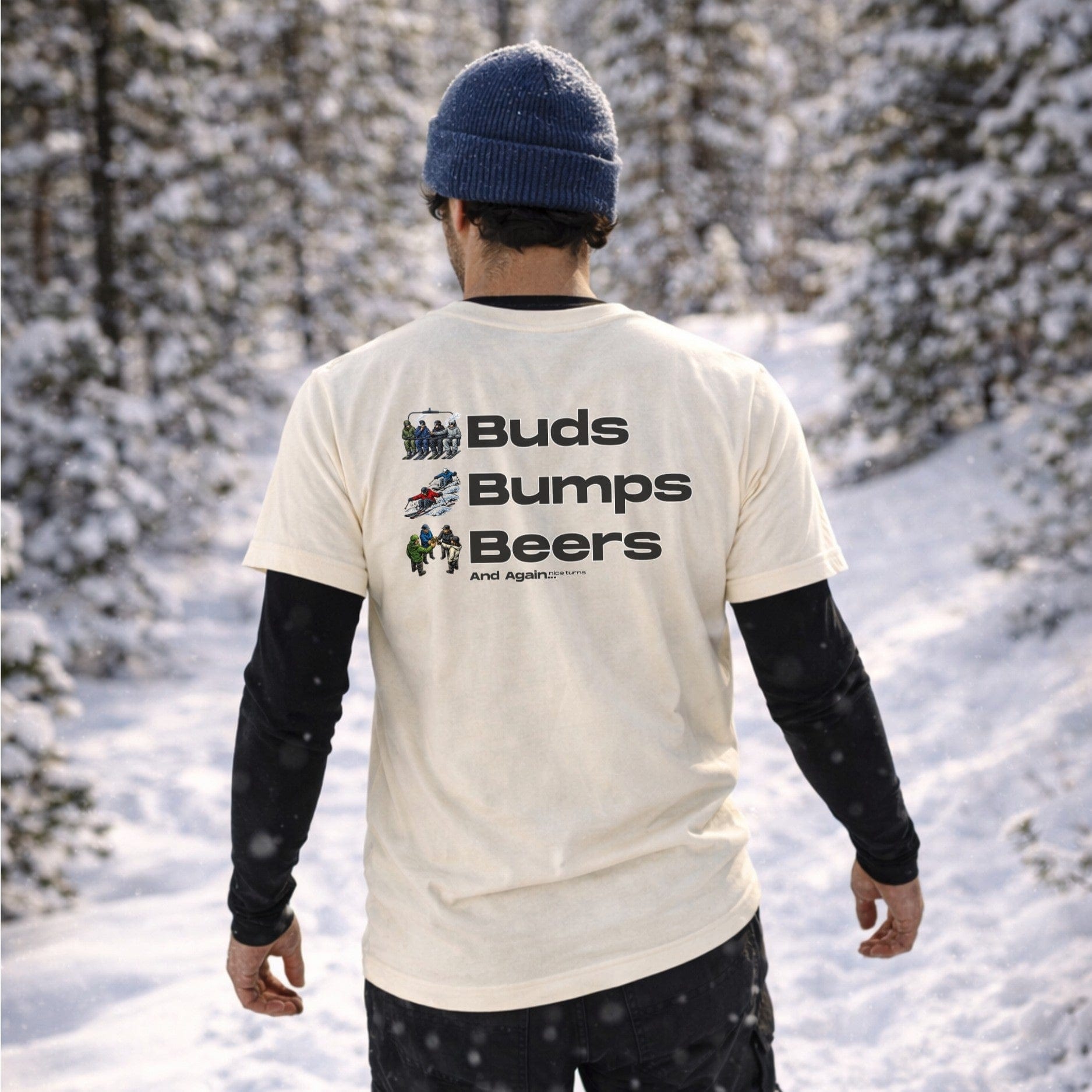 buds bumps beers t-shirt natural back graphic skier walking through snowy trees