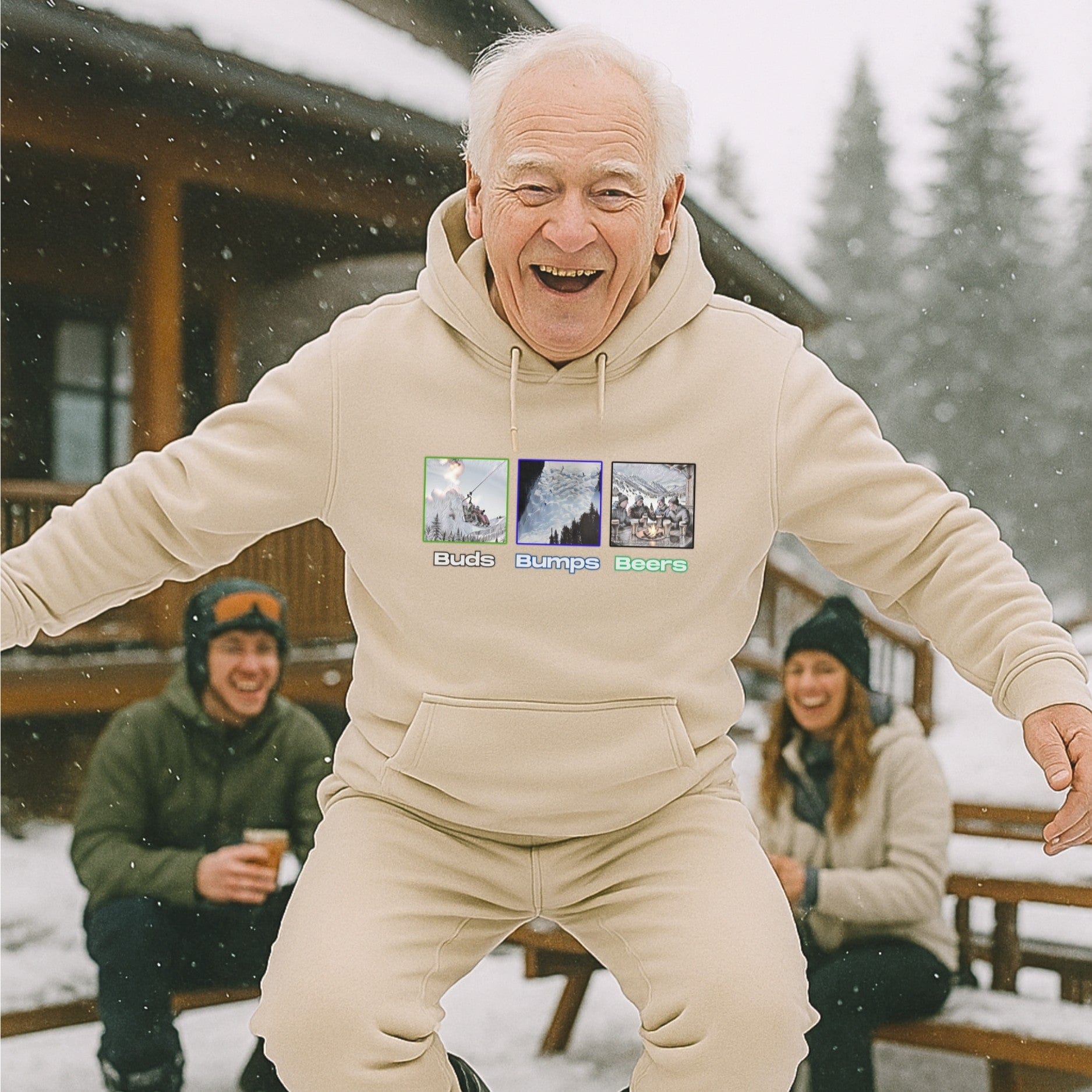 Sand hoodie with Buds Bumps Beers design, worn by an older skier goofing around outside a snowy lodge with friends après-ski.