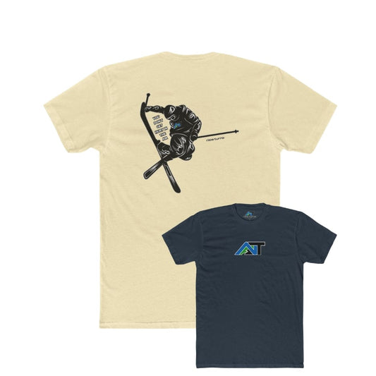 Ski t-shirt showing front logo and back skier jump graphic on black and natural shirts