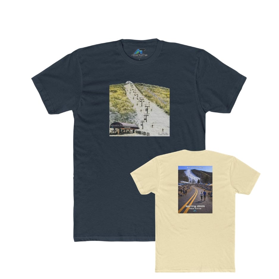 Navy ski t-shirt front and natural t-shirt back showing glacier trail graphic designs