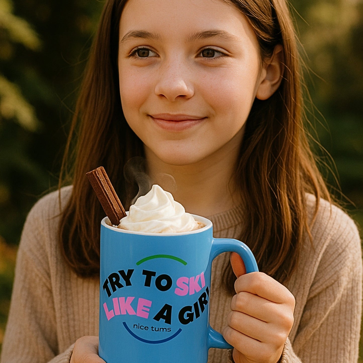 Freida Ridge 15 oz coffee mug, Cool Blue, held by smiling girl with whipped cream and cinnamon stick; “Try to Ski Like a Girl” graphic visible.