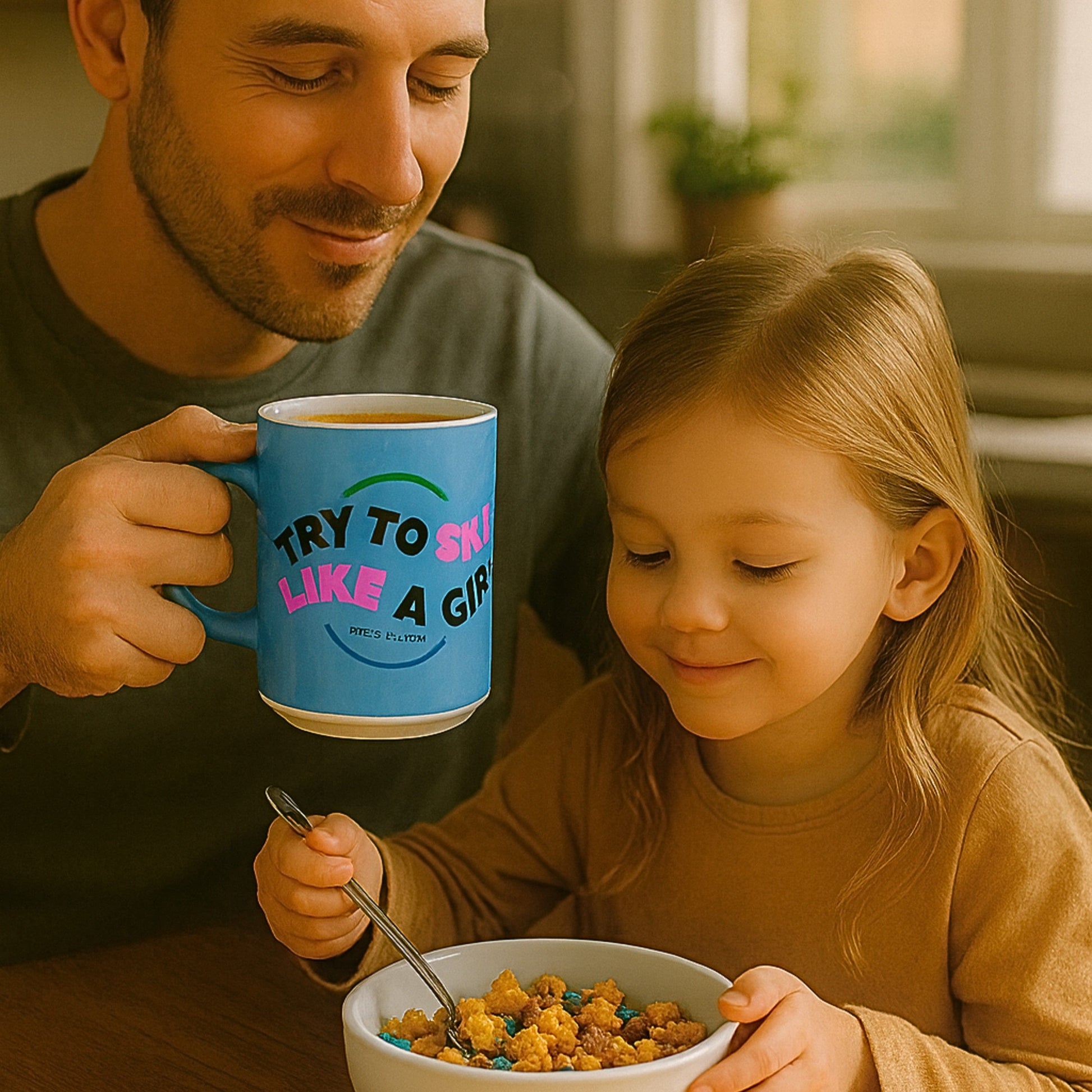 Freida Ridge 15 oz coffee mug, Cool Blue, held by dad at breakfast table beside young daughter; bold “Try to Ski Like a Girl” text in view.