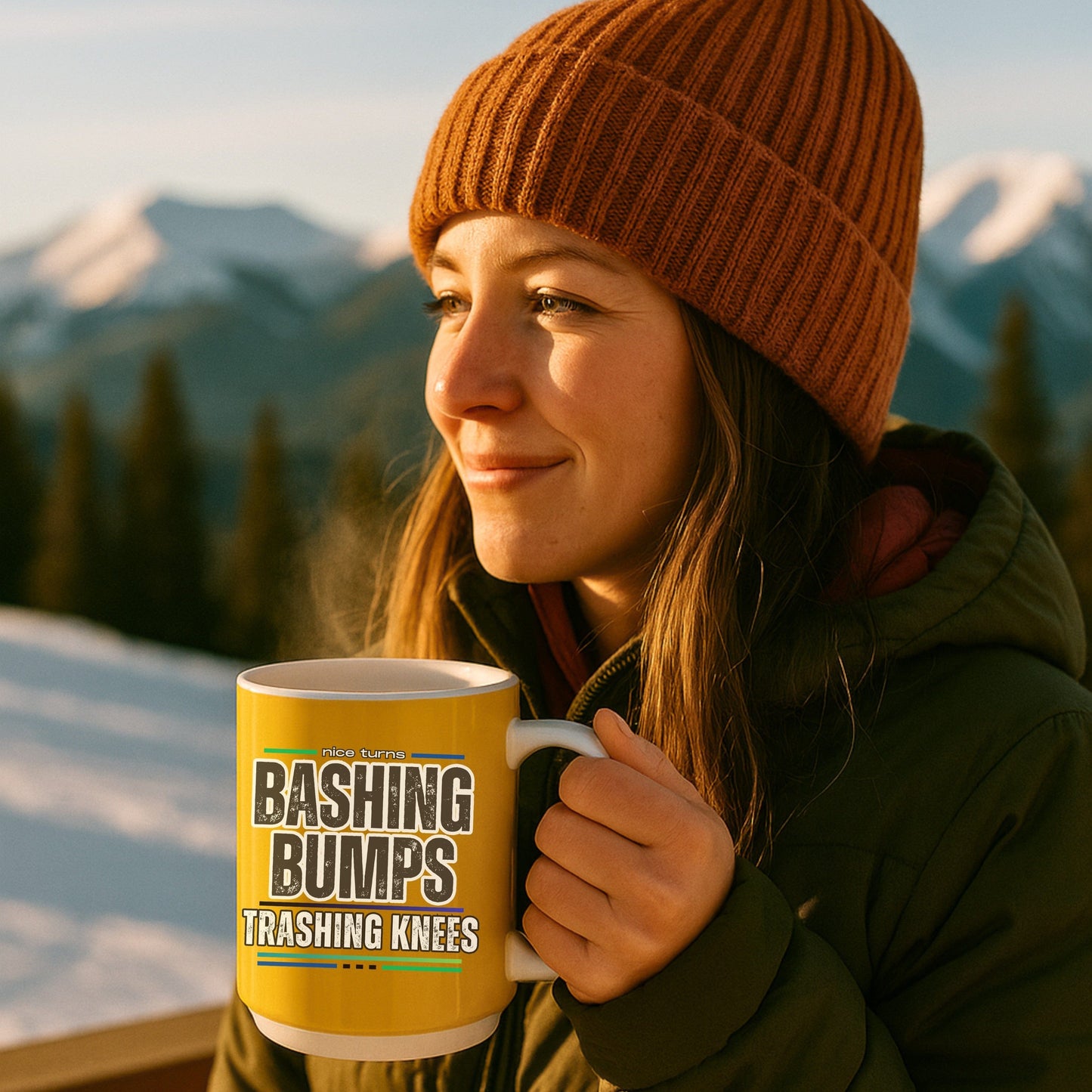 Bashing Bumps 15 oz coffee mug, yellow background, placed on wooden railing with mountain backdrop; bold ski-themed graphic faces front.