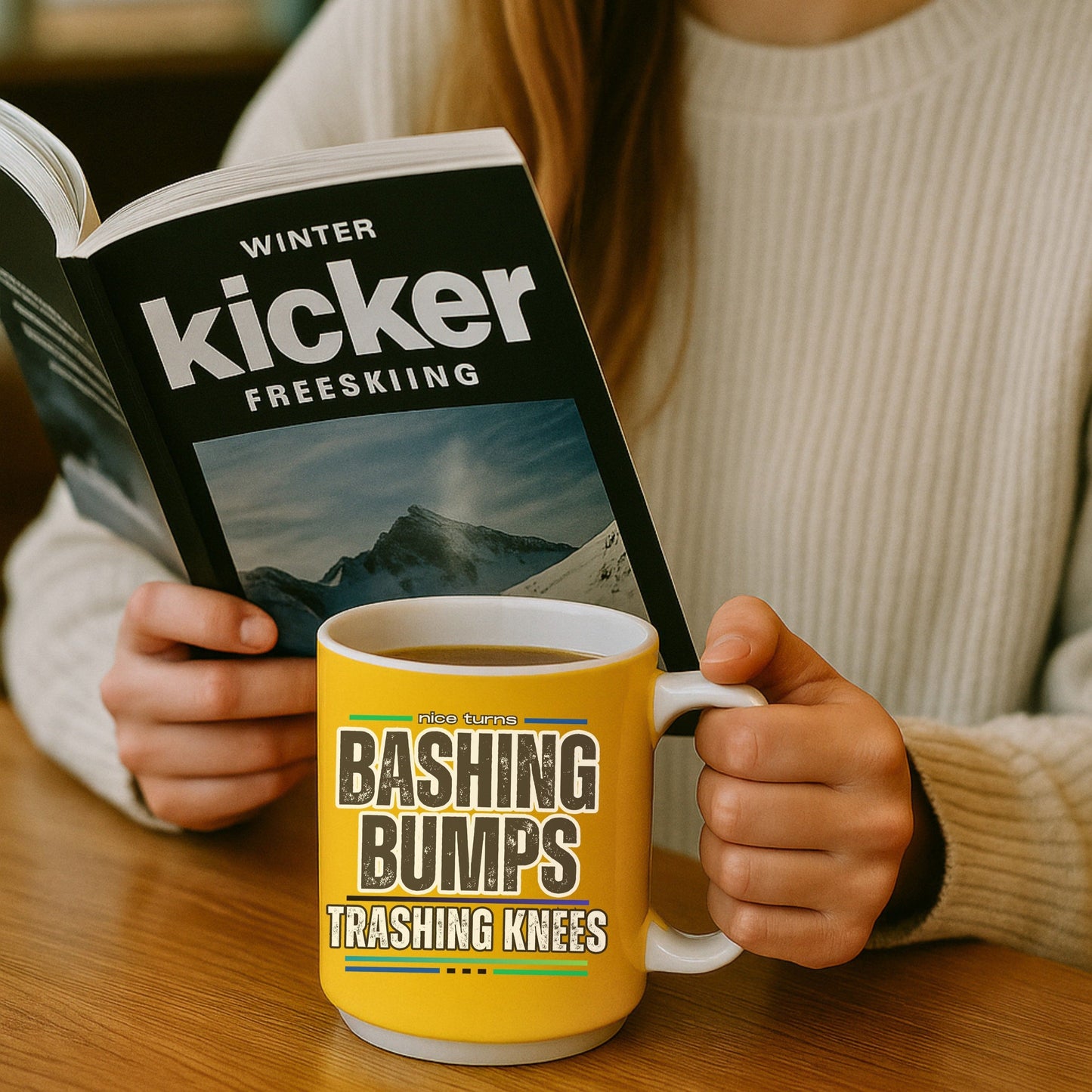 Bashing Bumps 15 oz coffee mug, yellow background, held by skier reading “Kicker Freeskiing”; full “Trashing Knees” graphic facing forward.