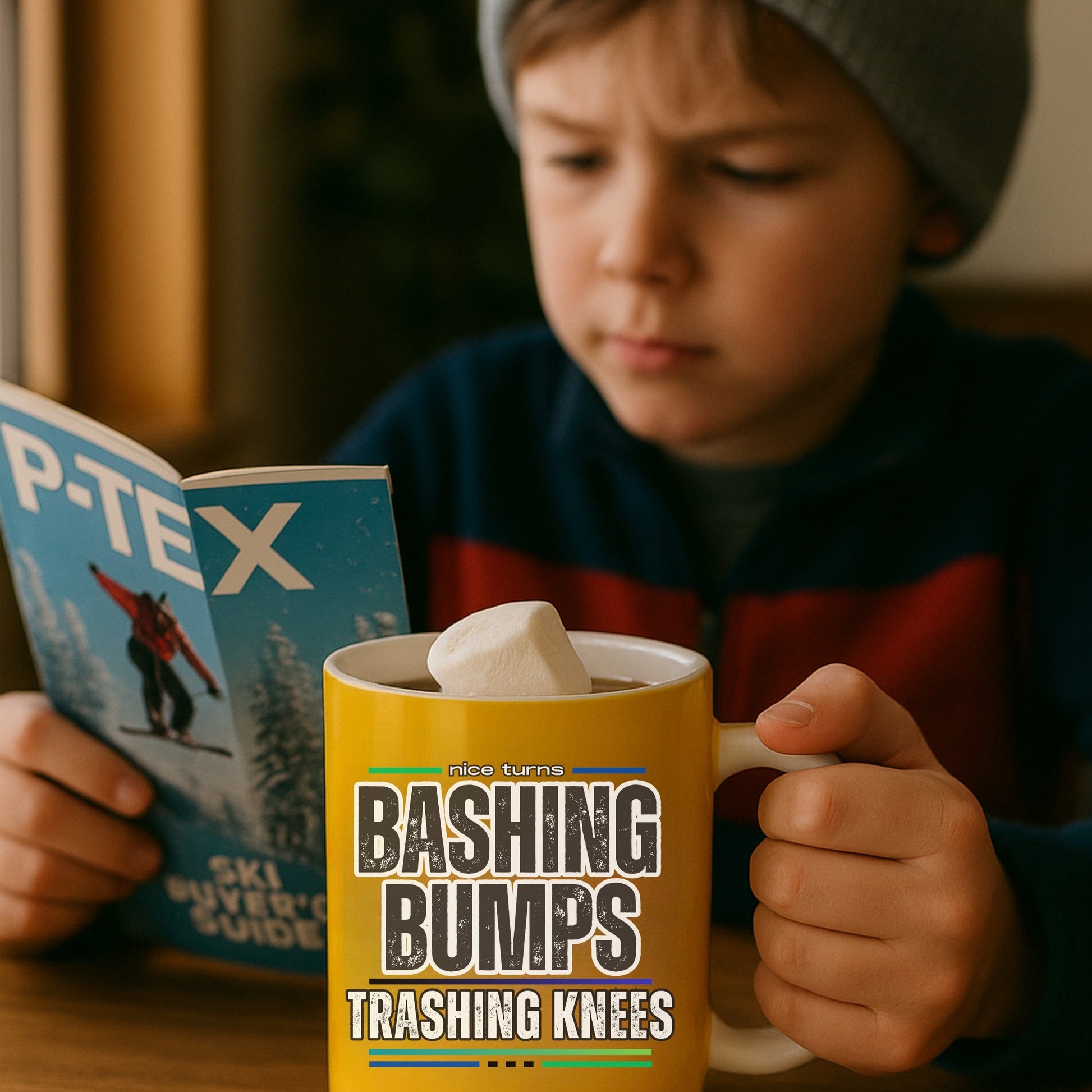 Bashing Bumps 15 oz coffee mug, yellow background, held by boy reading ski guide; topped with marshmallow, bold graphic facing front.
