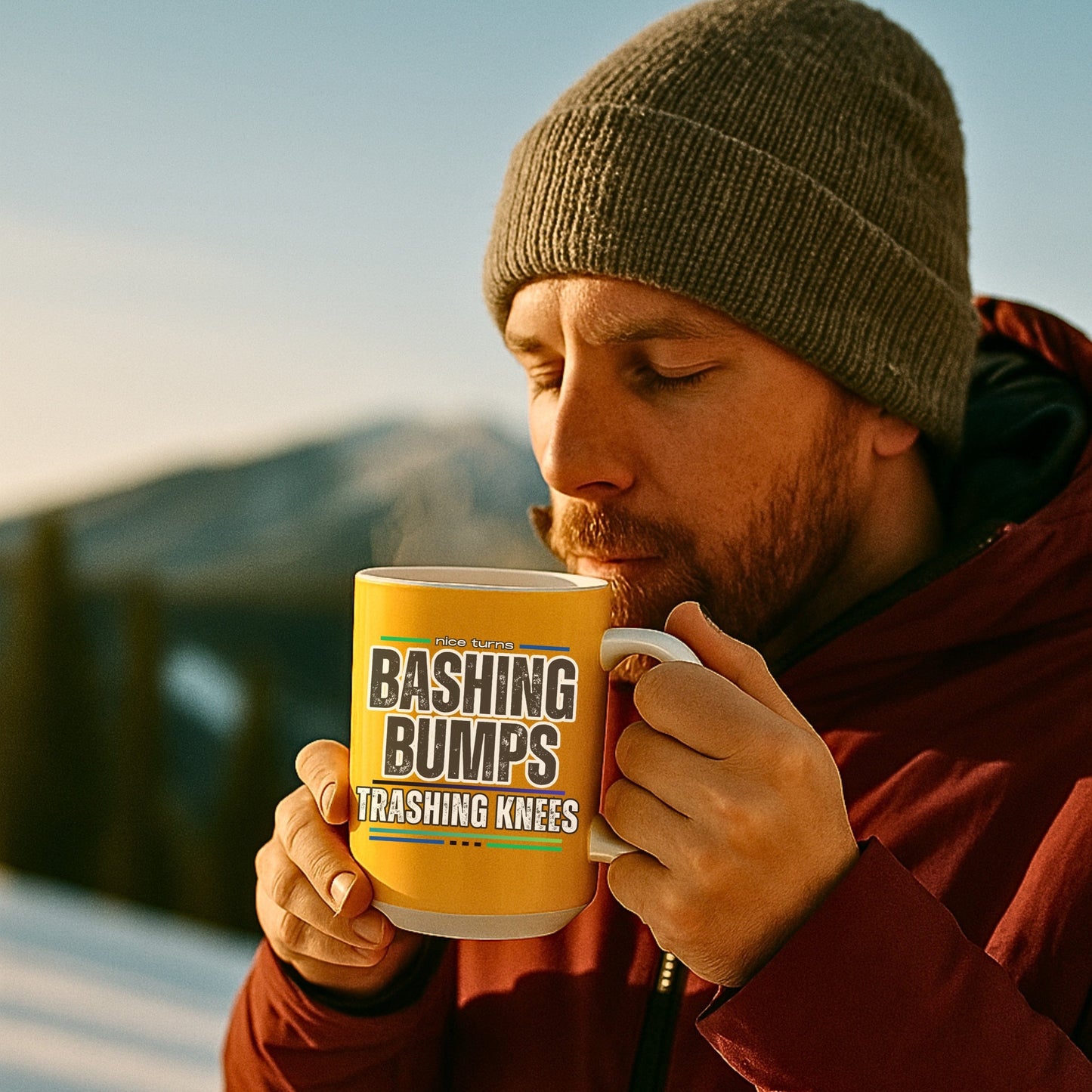 Bashing Bumps 15 oz coffee mug, yellow background, held by skier sipping on deck at sunrise; bold “Trashing Knees” graphic front and center.