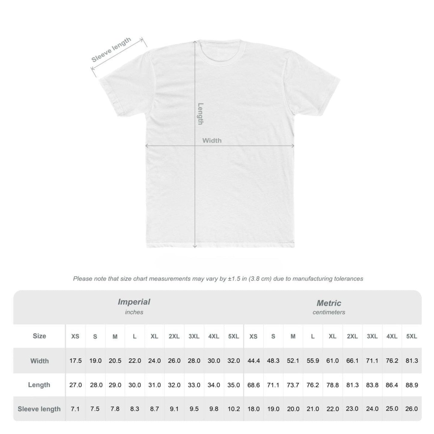 Size chart for the nice turns tee showing width, length, and sleeve measurements in inches and centimeters with manufacturing tolerance note.