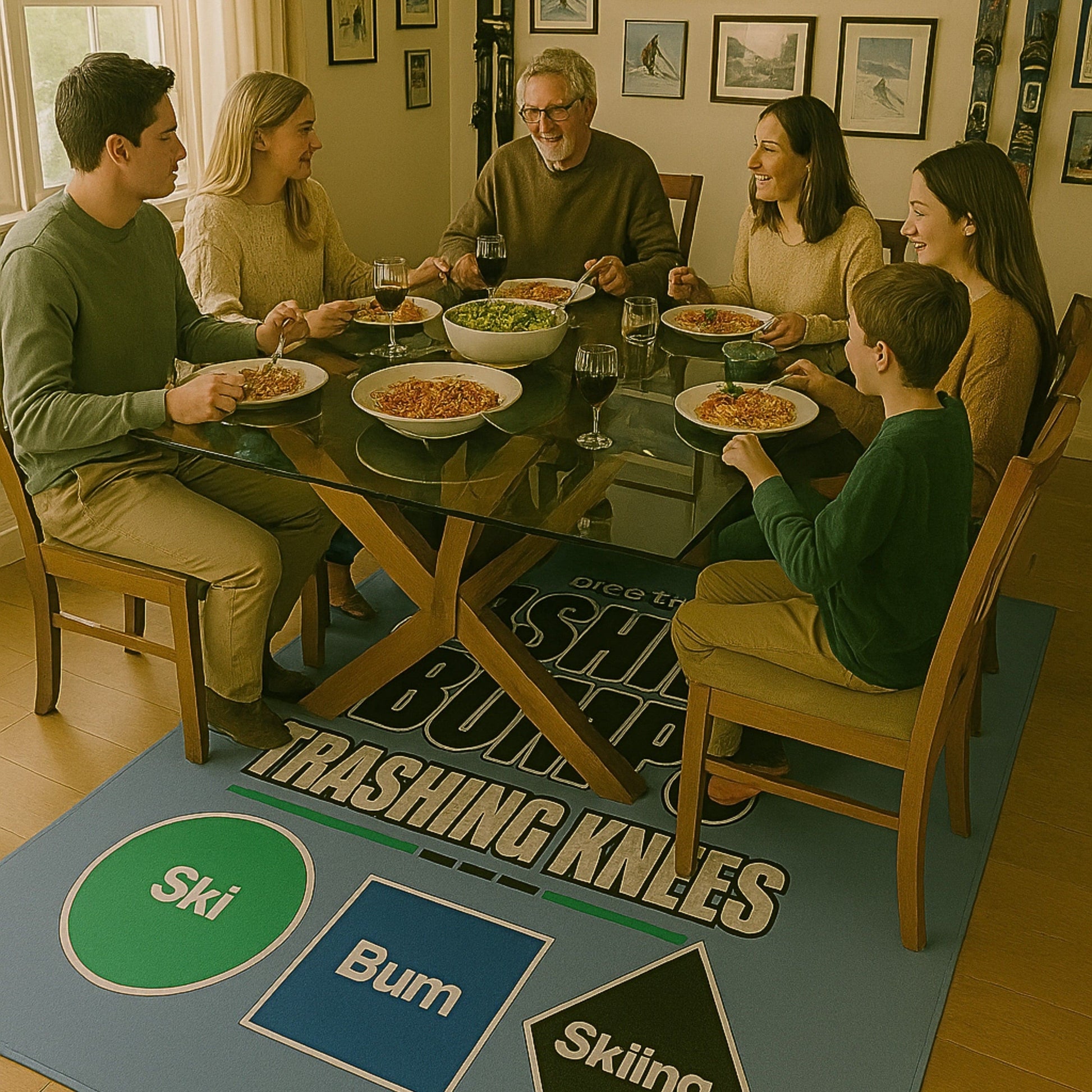 Bashing Bumps area rug, 42×78 vertical, under glass dining table with six people; visible ski-themed trail sign graphic.