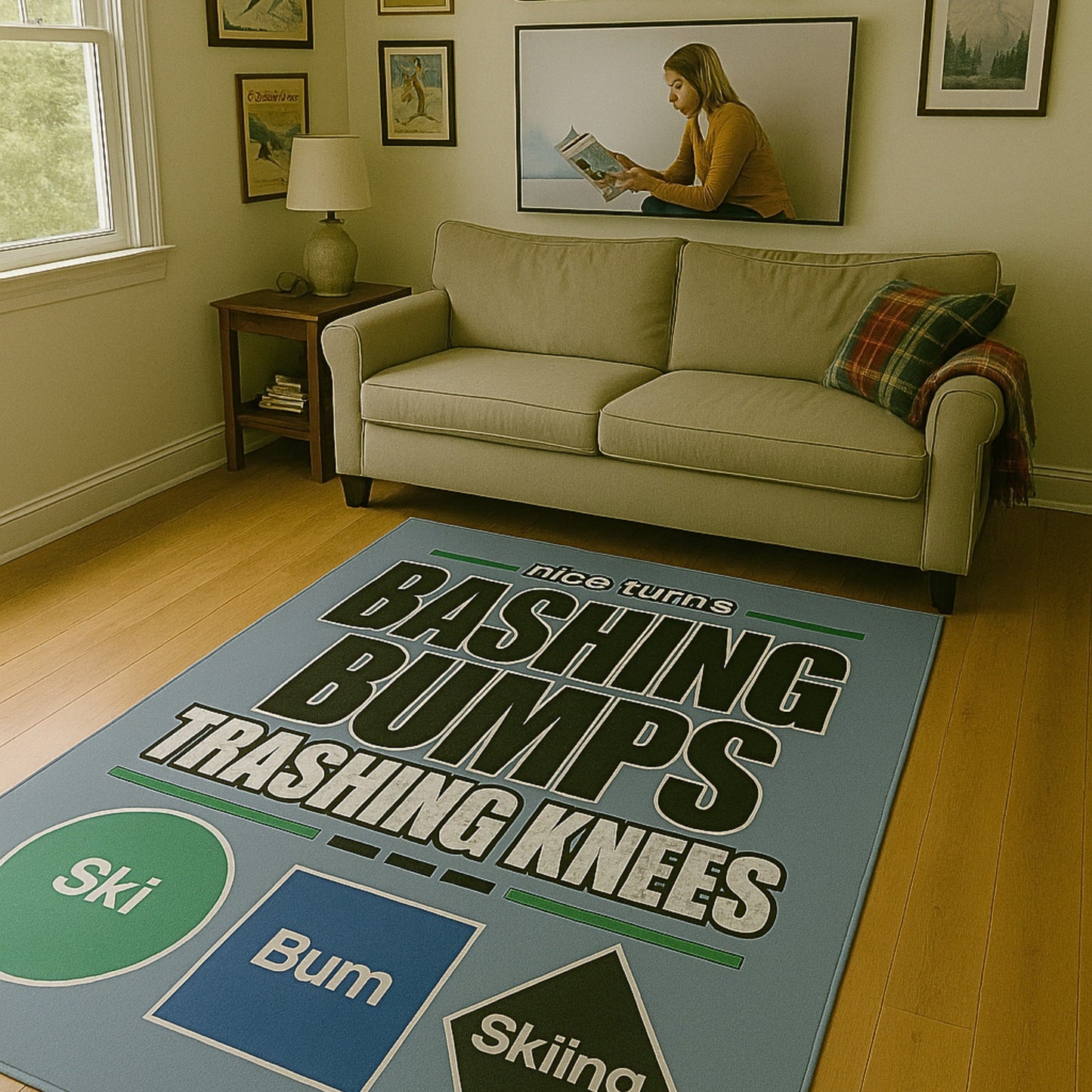 Bashing Bumps area rug, 42×78 vertical, centered in reading nook with sofa; full ski trail graphic visible.
