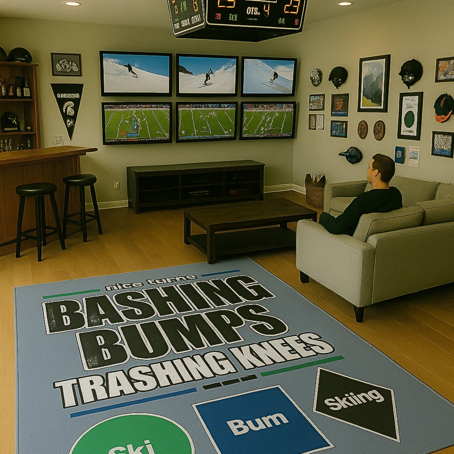 Bashing Bumps area rug, 42×78 vertical, in home bar and game room; full trail sign graphic visible beneath TVs.