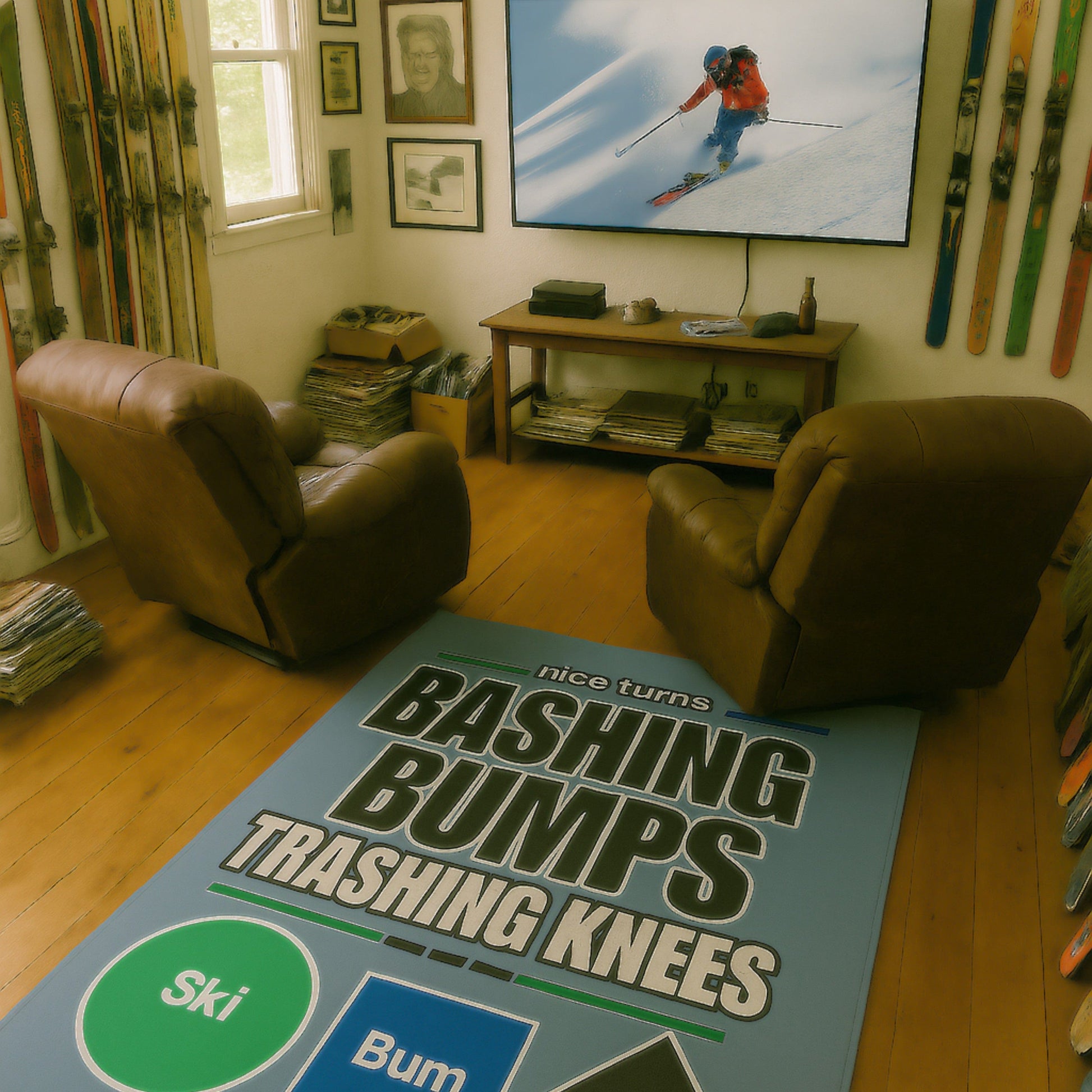 Bashing Bumps area rug, 42×78 vertical, in ski-themed den with leather chairs and vintage gear; full graphic clearly shown.