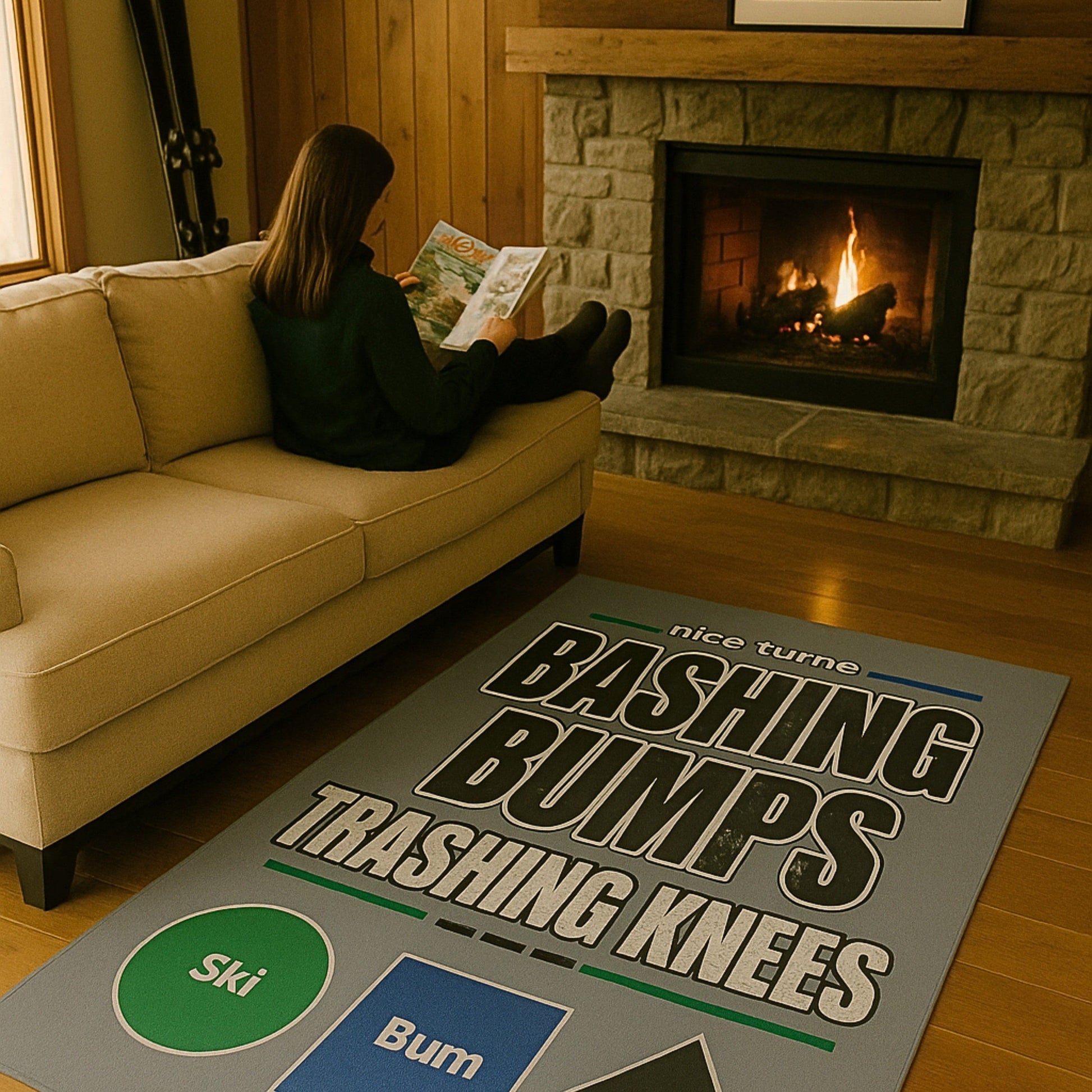 Bashing Bumps area rug, 42×78 vertical, in cozy cabin setting with fireplace; skier reading beside full graphic design.