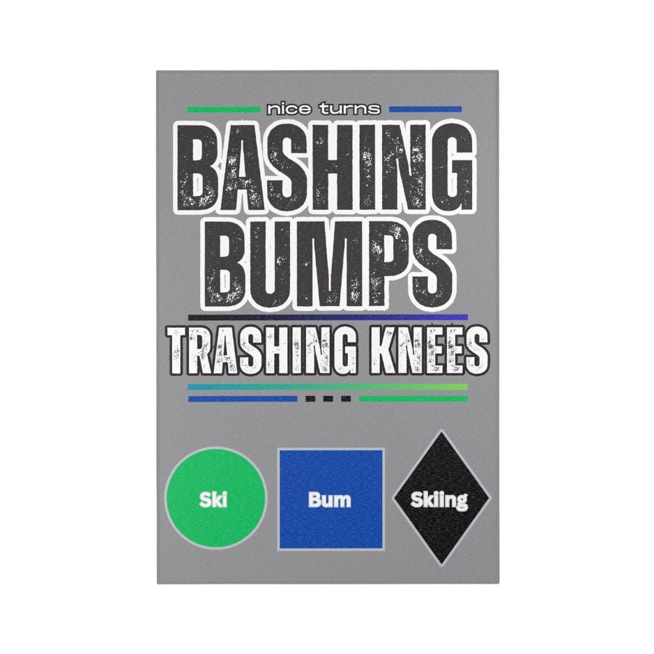 Bashing Bumps area rug, 42×78 vertical, hemmed edge and grey underside; bold “Bashing Bumps Trashing Knees” graphic with trail signs.