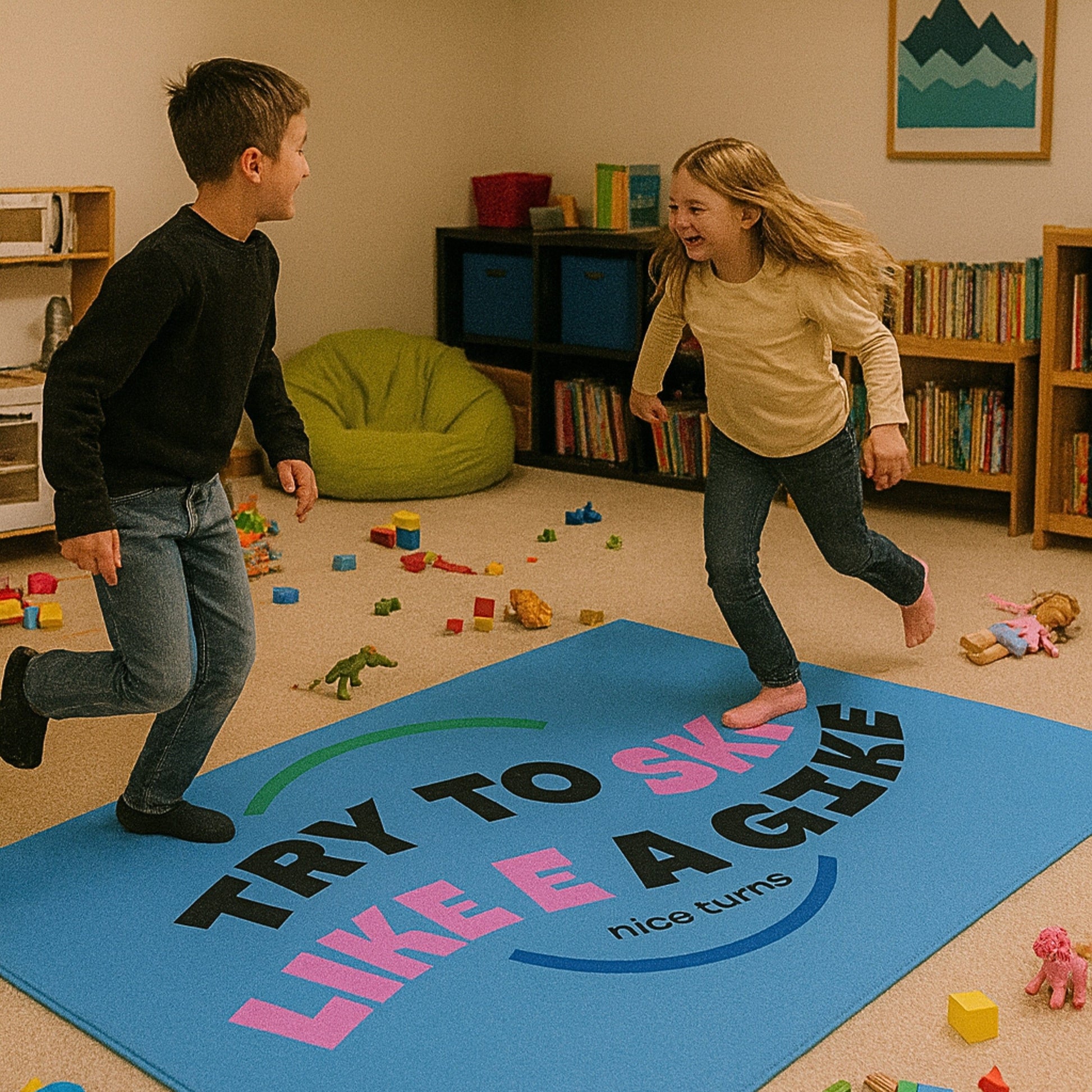 Freida Ridge Rug, 42×78 horizontal, Cool Blue; two kids playing in a toy-filled room with “Try to Ski Like a Girl” graphic visible.