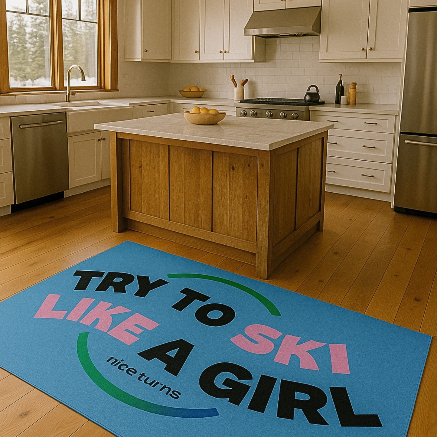Freida Ridge Rug, 42×78 horizontal, Cool Blue, placed in modern kitchen with island; bold arched “Try to Ski Like a Girl” print visible.