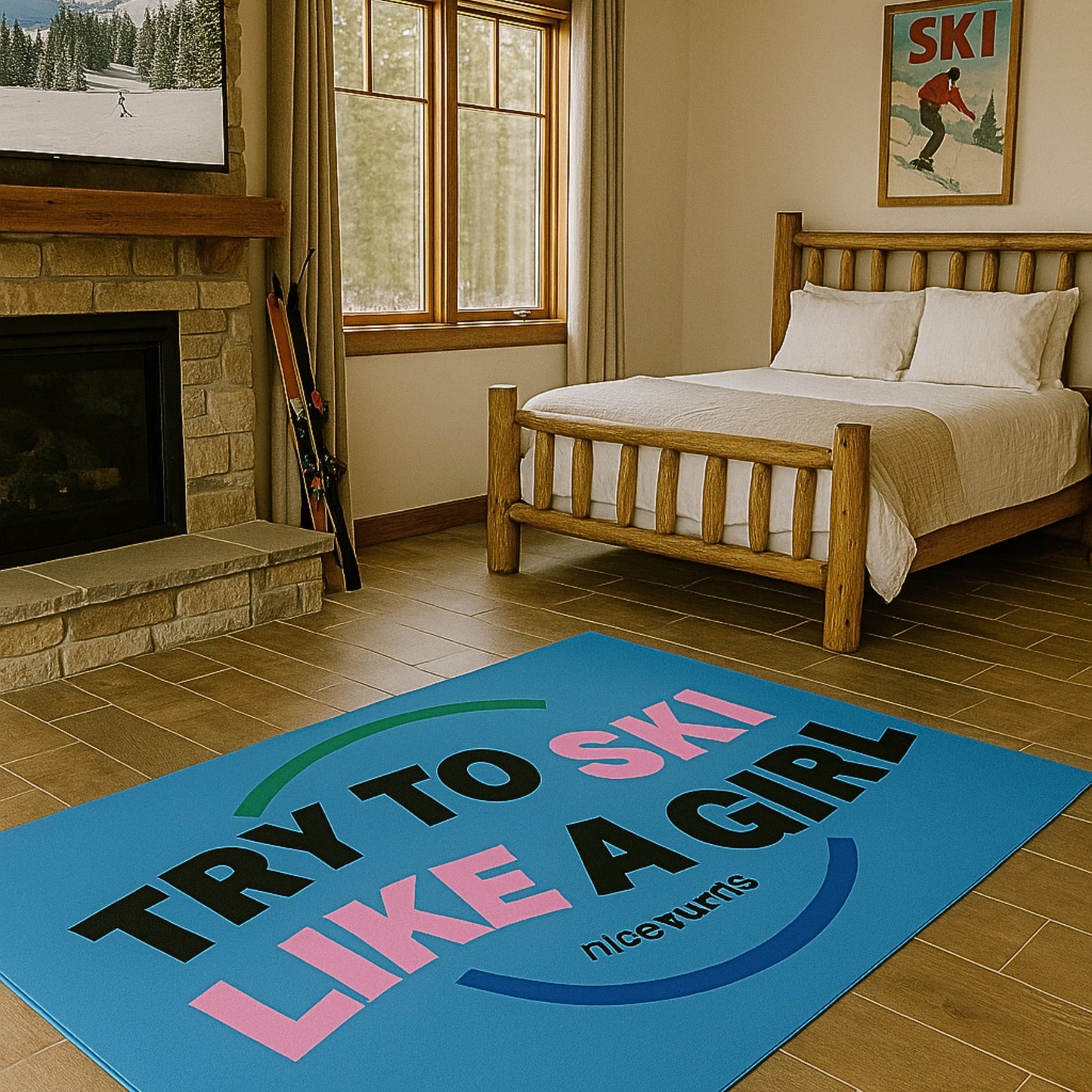 Freida Ridge Rug, 42×78 horizontal, Cool Blue, placed in ski lodge bedroom with stone fireplace and log bed; full print visible.