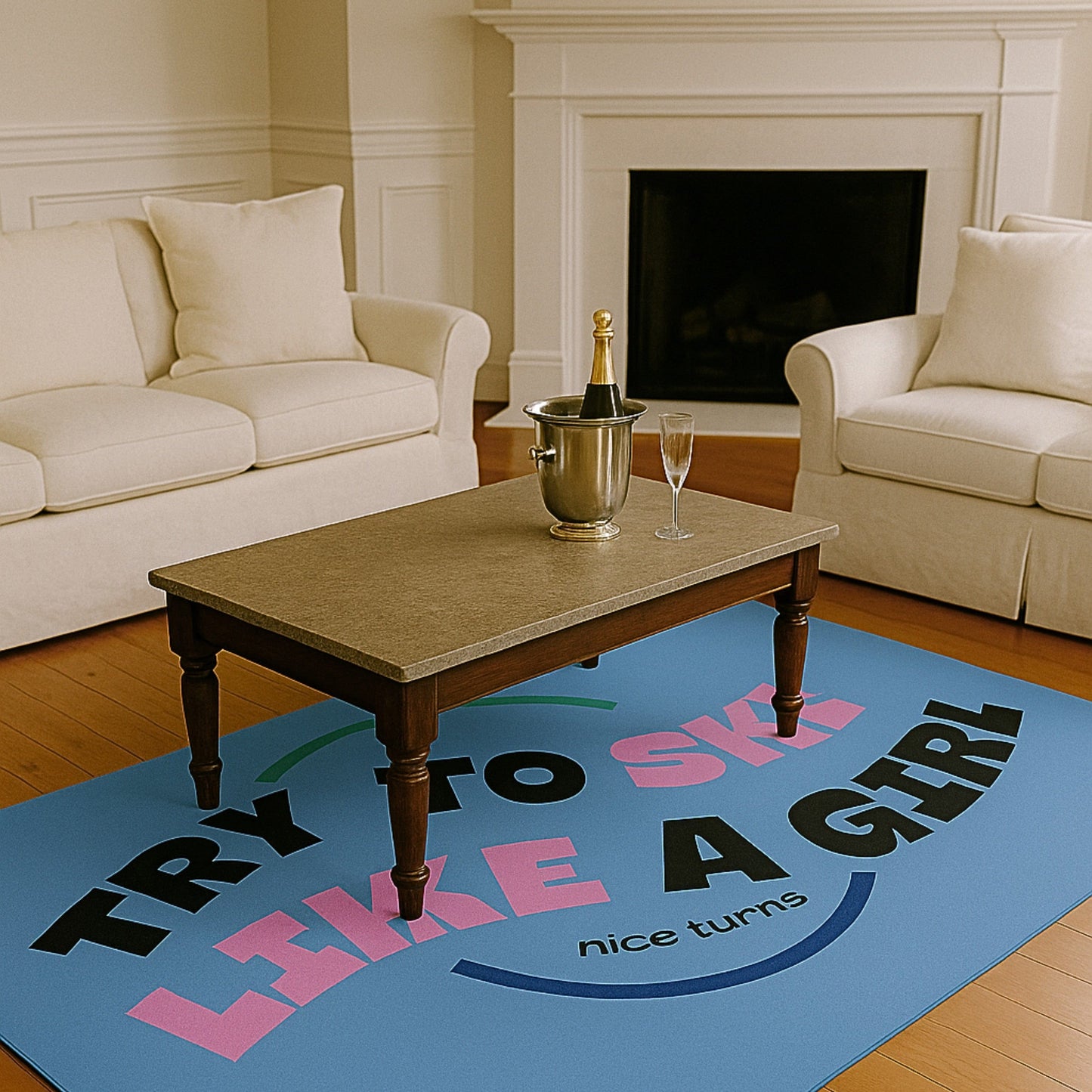Freida Ridge Rug, 42×78 horizontal, Cool Blue, in elegant sitting room with champagne setup; “Try to Ski Like a Girl” graphic partially visible.