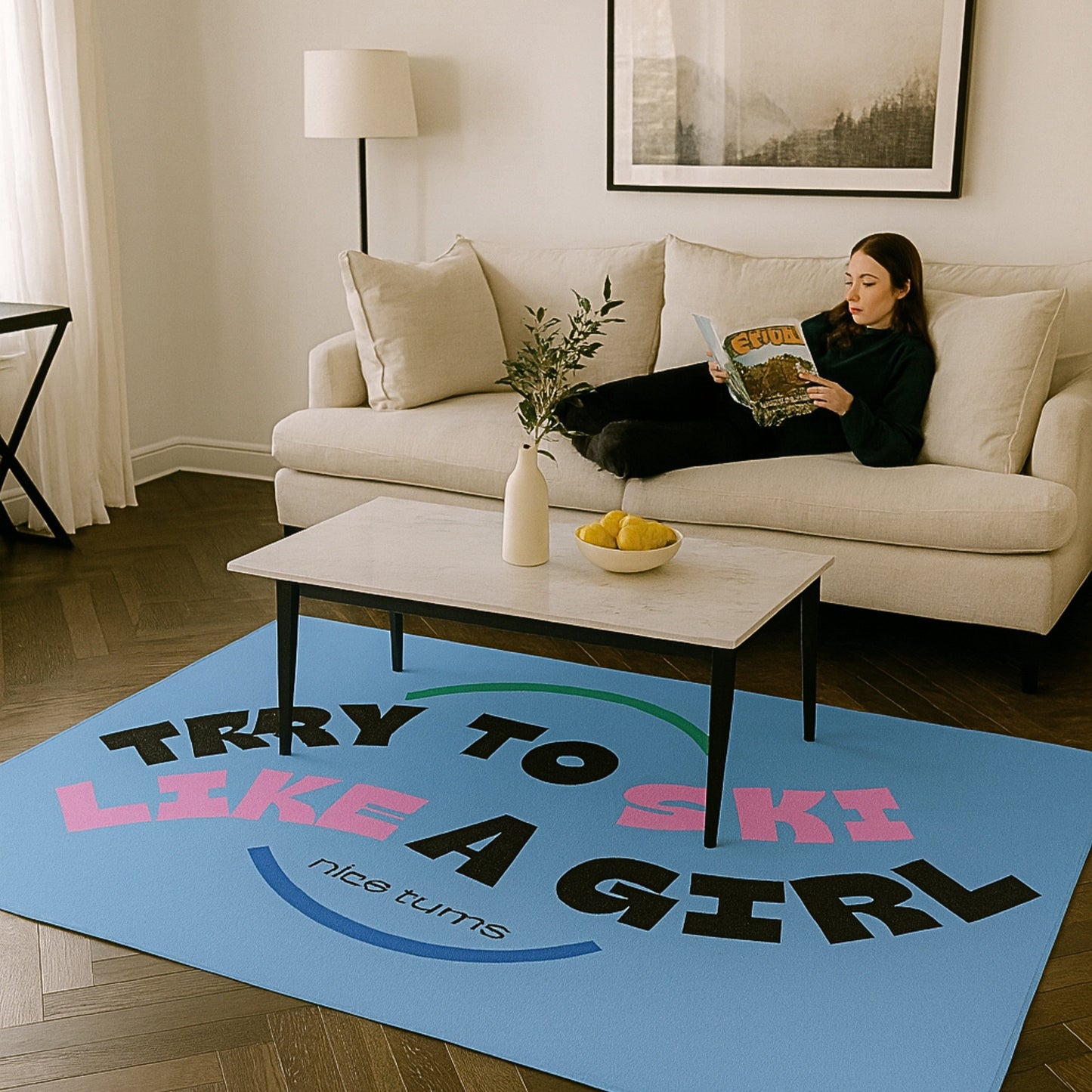 Freida Ridge Rug, 42×78 horizontal, Cool Blue, in modern living room with white sofa; skier reading on couch above full slogan graphic.