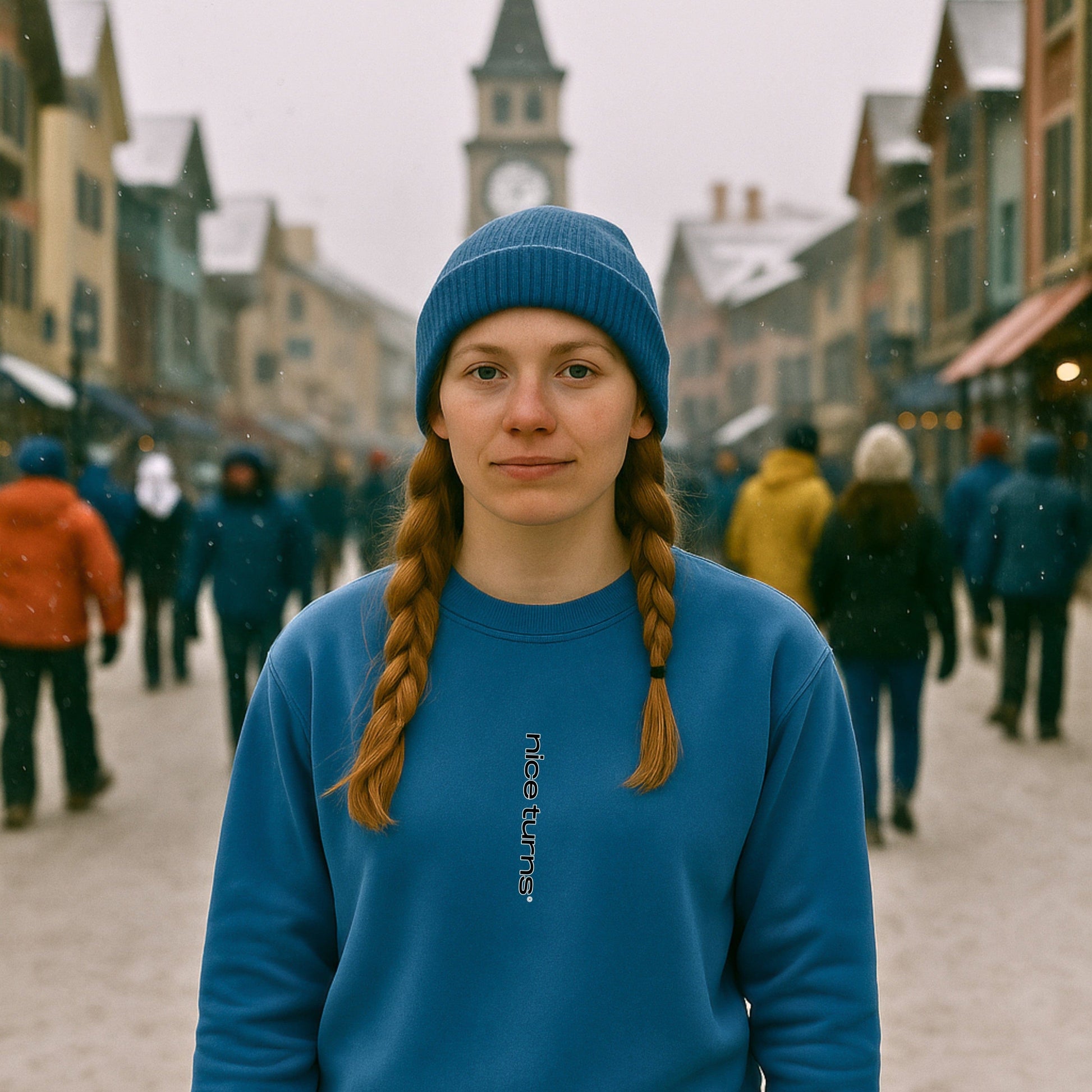 Bashing Bumps Sweatshirt, Cool Blue, front lifestyle view in ski village; small vertical “nice turns” mark shown; relaxed fleece fit.