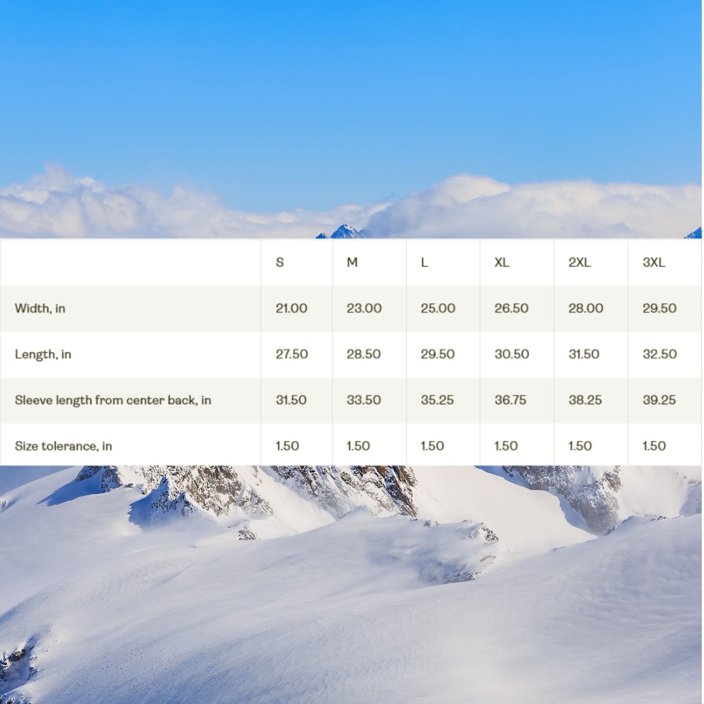 Size chart for unisex sweatshirts with width, length, and sleeve measurements from S to 3XL, displayed over a snowy alpine background