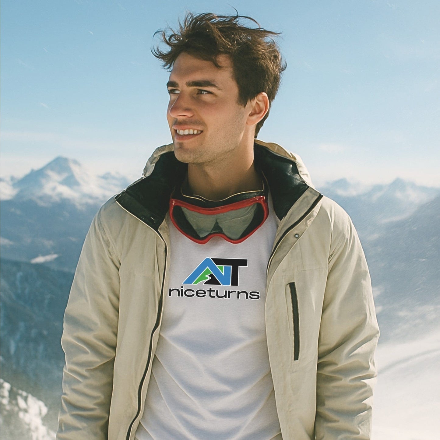 White nice turns alpine logo t-shirt worn under a ski shell, with goggles at the collar, standing on a snowy mountain ridge in bright sun.