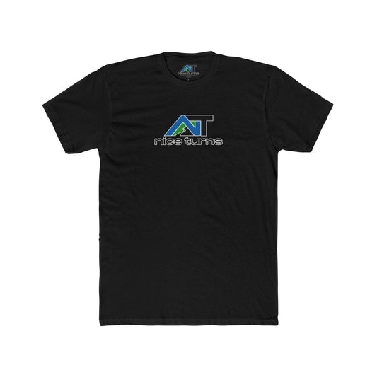 Black nice turns alpine logo t-shirt with trail sign–inspired design, laid flat to show front graphic and classic fit.