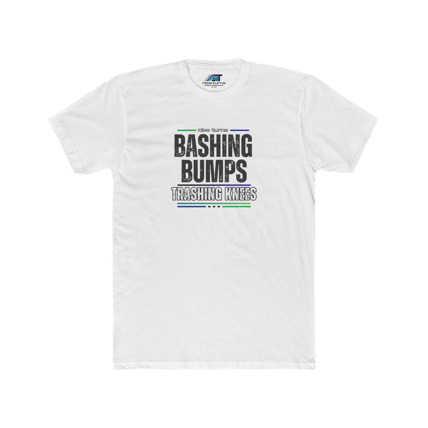 White t-shirt featuring the slogan “Bashing Bumps Trashing Knees” from nice turns, displayed flat on a neutral background.