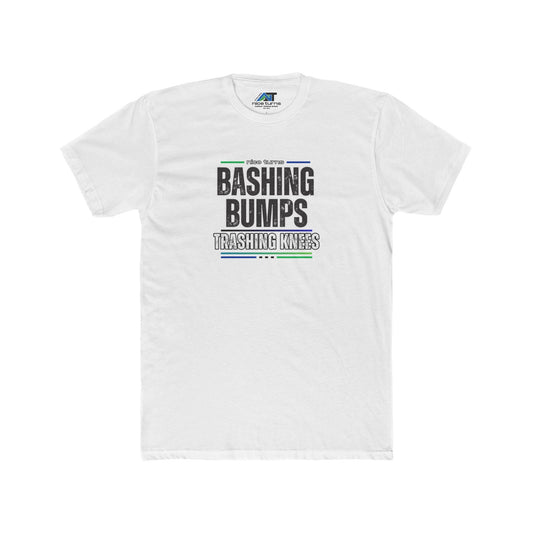 White t-shirt featuring the slogan “Bashing Bumps Trashing Knees” from nice turns, displayed flat on a neutral background.