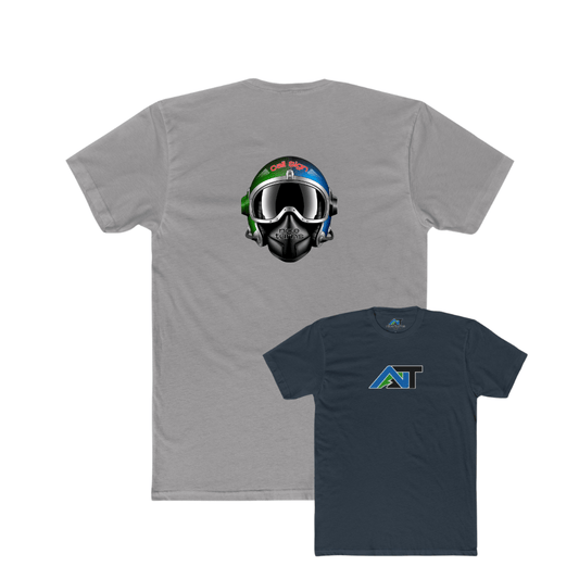 T-shirt featuring the nice turns trail logo on front and a custom ski helmet graphic with “Call Sign” on back, shown in two color options.
