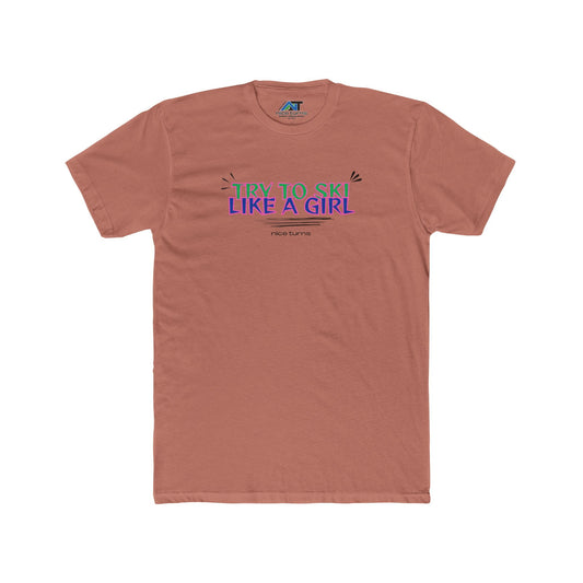 Clay red t-shirt featuring the bold “TRY TO SKI LIKE A GIRL” design in neon colors, printed with the nice turns logo underneath.
