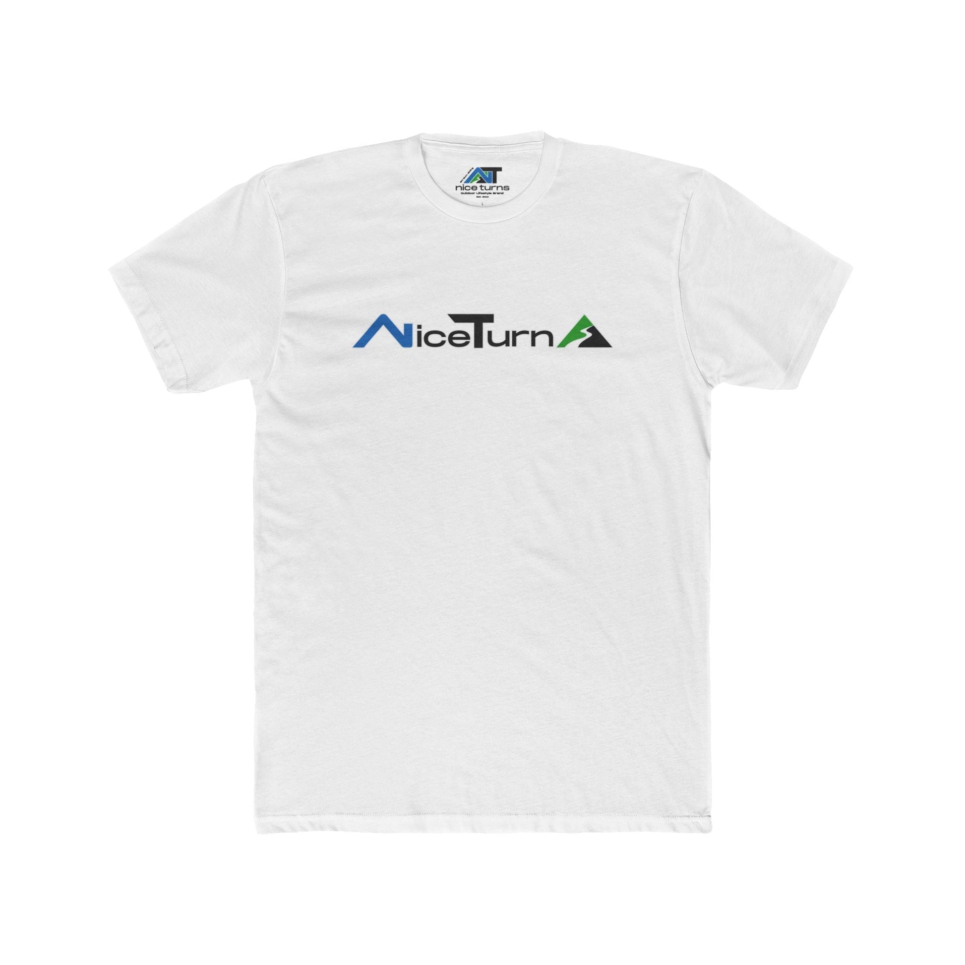 White short sleeve T-shirt with the nice turns logo across the chest in blue, black, and green, inspired by ski trail signs.