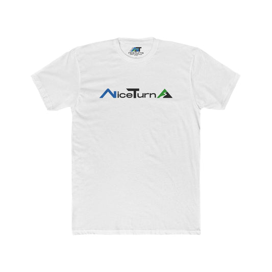 White short sleeve T-shirt with the nice turns logo across the chest in blue, black, and green, inspired by ski trail signs.