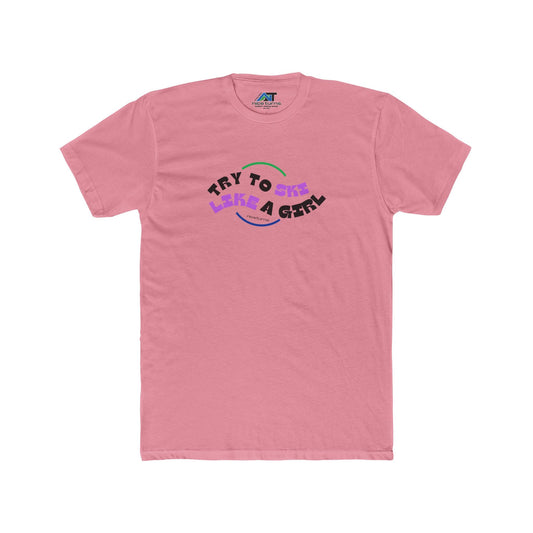 Pink t-shirt featuring the playful try to ski like a girl slogan in bold, curved lettering with subtle nice turns branding below.