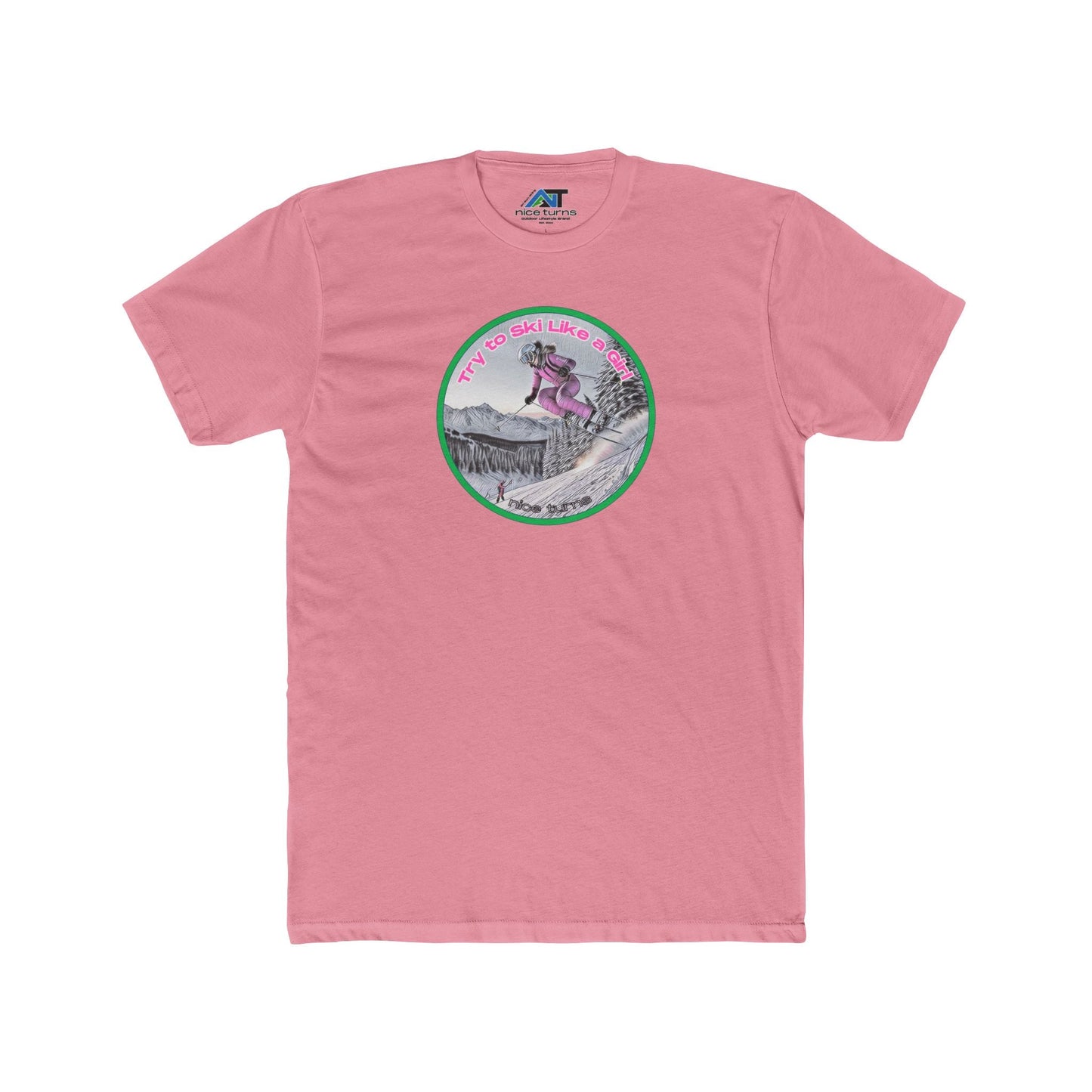 Pink t-shirt featuring a skier and the slogan "Try to Ski Like a Girl" in a bold graphic, flat lay with no background.