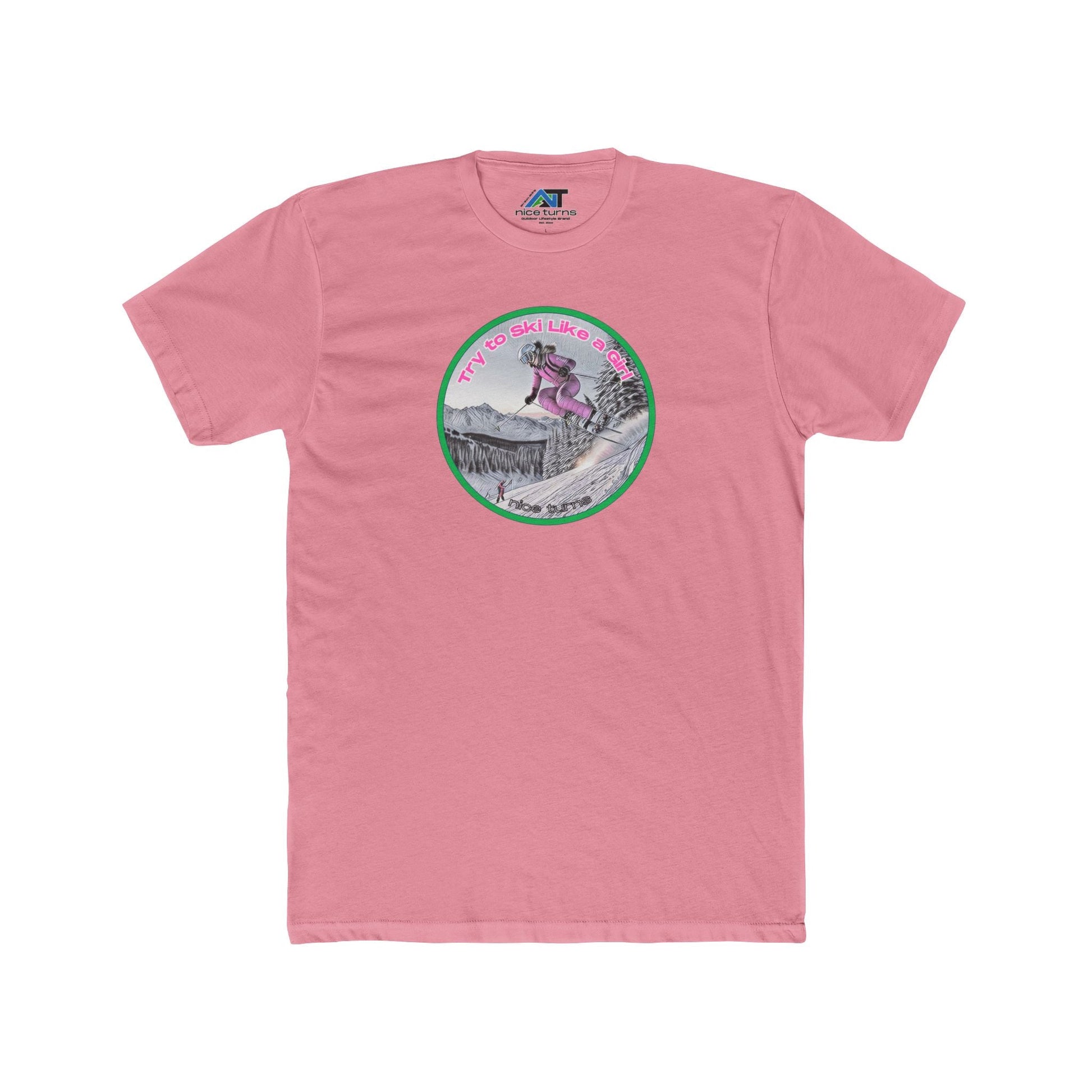 Pink t-shirt featuring a skier and the slogan "Try to Ski Like a Girl" in a bold graphic, flat lay with no background.