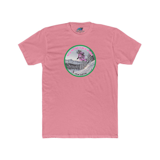 Pink t-shirt featuring a skier and the slogan "Try to Ski Like a Girl" in a bold graphic, flat lay with no background.