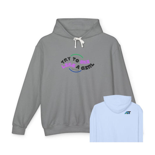 Two hoodie colorways featuring the “try to ski like a girl” arc design on the front and a small mountain logo on the back. Studio display.