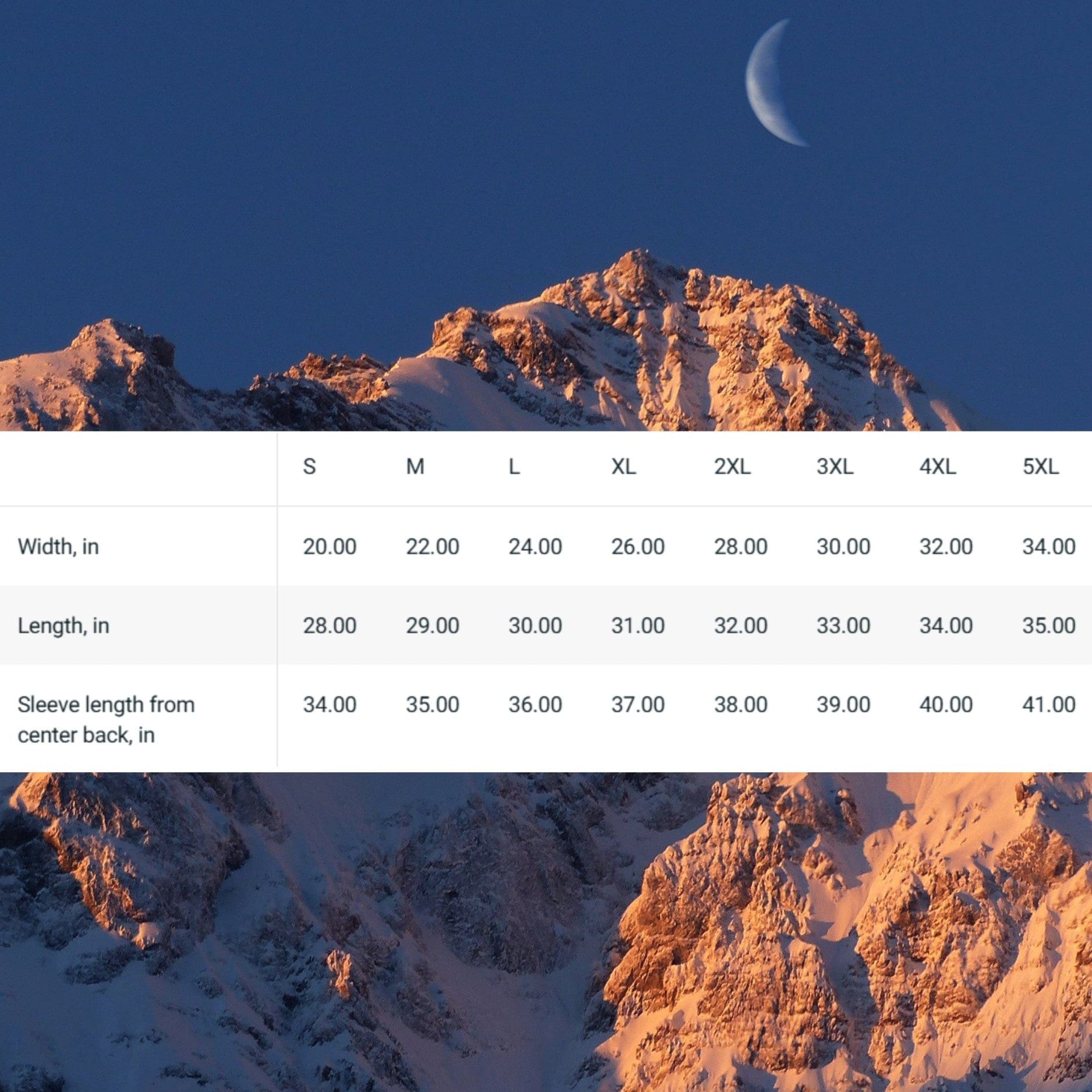 Size chart for unisex hoodie, showing width, length, and sleeve measurements from S to 5XL, over a moonlit alpine backdrop.