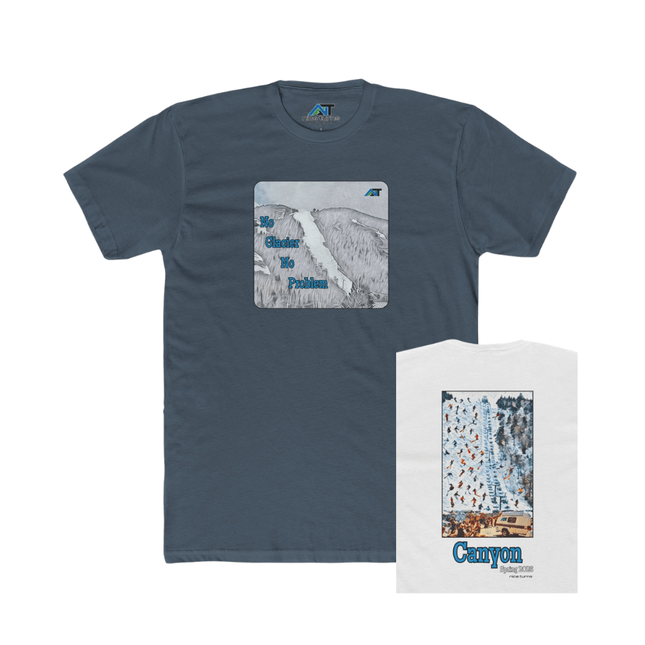 side-by-side flat lay of no glacier no problem ski T-shirt in indigo and canyon spring 2025 shirt in white